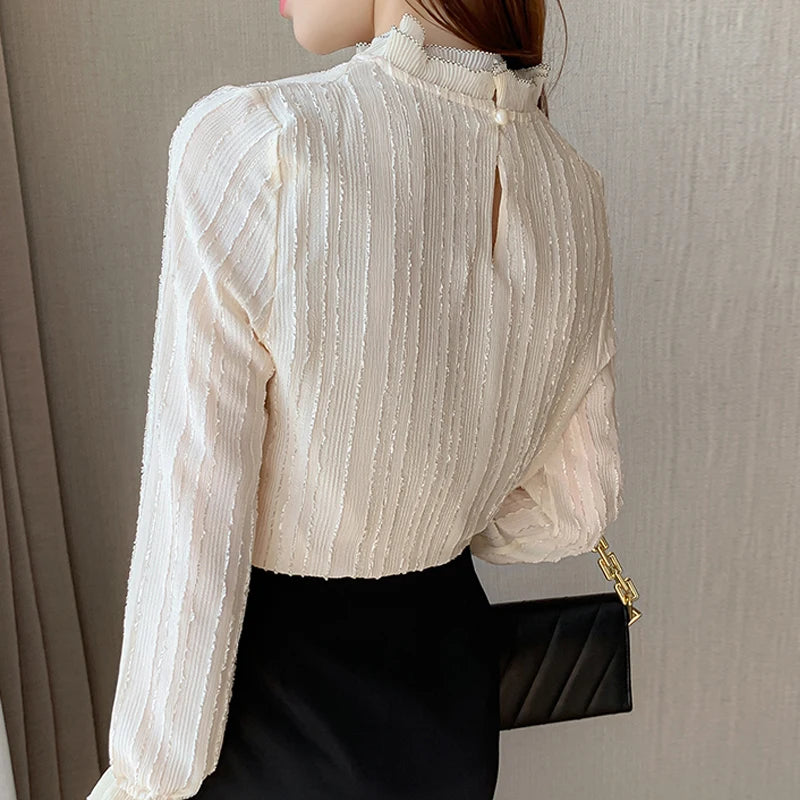 Women's Long Sleeve Lace Chiffon Blouse with Stand Collar