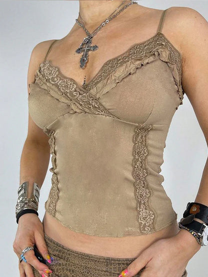 Lace Mini Vest Women's Khaki Spaghetti Strap Crop Top