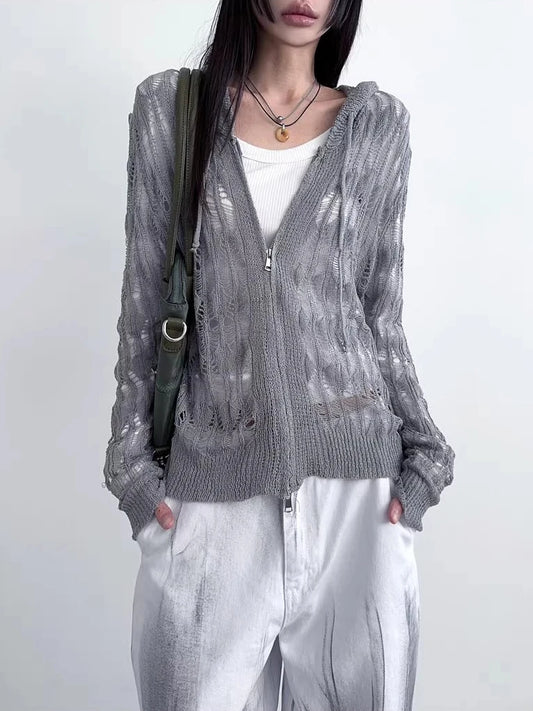 Women's Japanese Knitted Zip-Up Hooded Cardigan