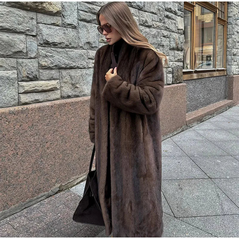 Women's Long Plush Faux Fur Coat with Lapel