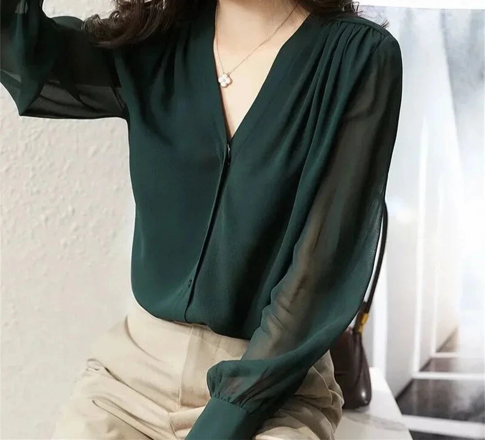 Chic Long Sleeve Ruffled Chiffon Blouse for Women  - Various Colors