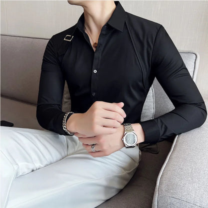 Strap-Detail Long Sleeve Slim Fit Casual Shirt