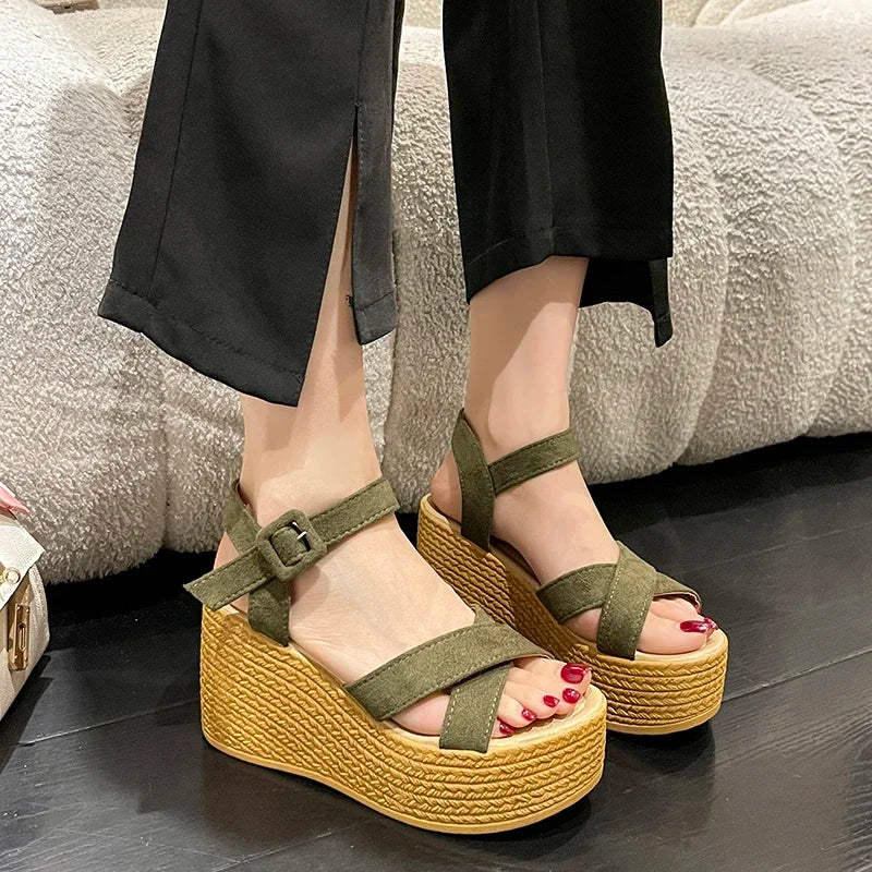 Womens Wedge Heel Sandals- Trendy Platform Design with Buckle