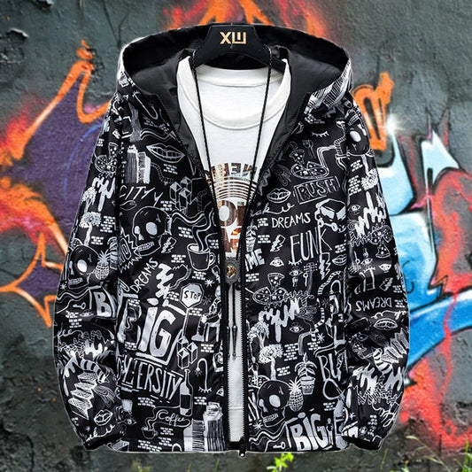 Men's Reversible Graffiti Print Hooded Jacket