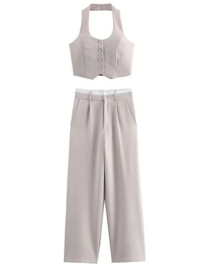 Women's Vest and Pant Suit Set -  Cropped Top with High Waist Patchwork Trousers