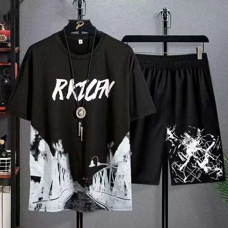 Men's Graffiti Style Two-Piece Set: T-Shirt and Shorts