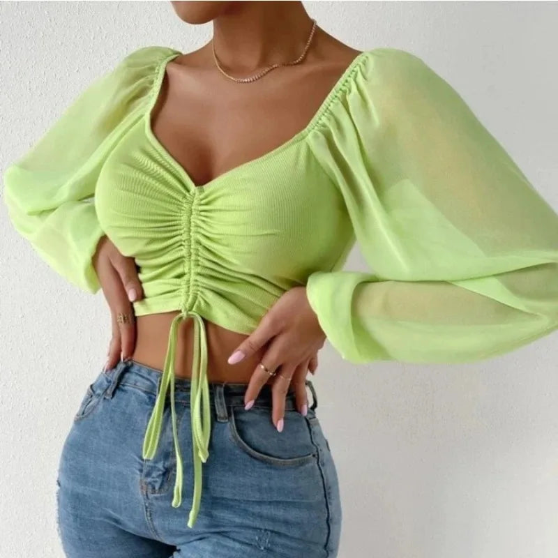 Drawstring Wrap Chest Long Sleeve Blouse for Women - Various Colors