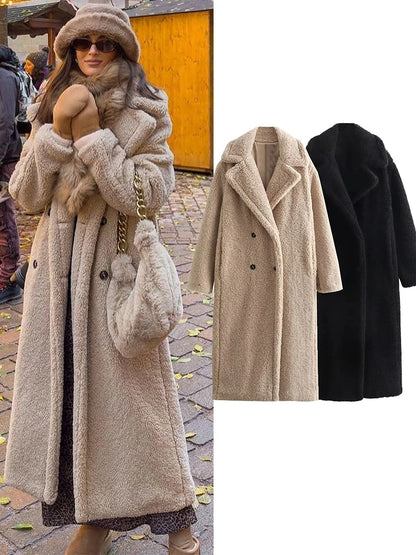 TRAFZA Women's Vintage Wool Blend Long Coat Lapel