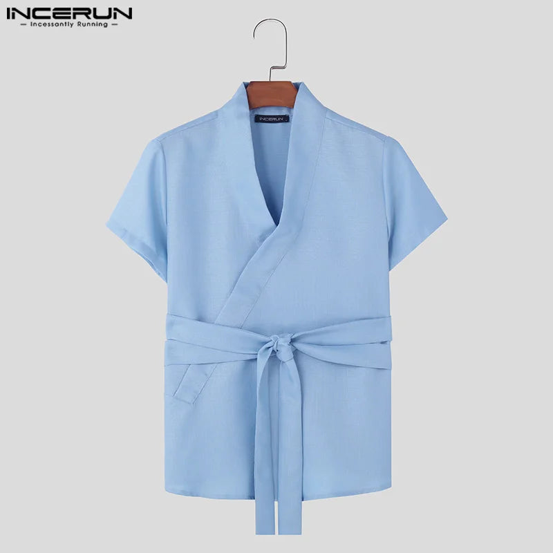 INCERUN Men's V-Neck Short Sleeve Shirt with Waist Strap