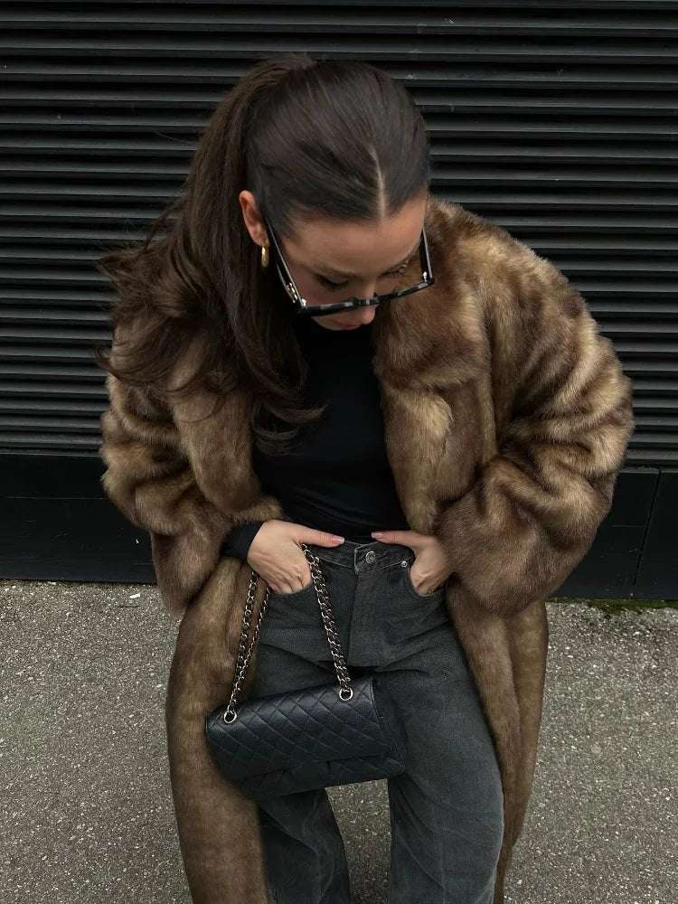 Women's Long Plush Faux Fur Coat with Lapel