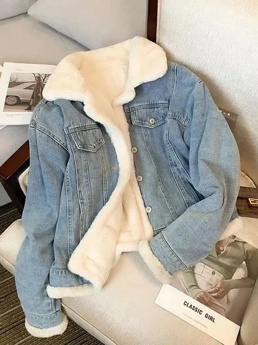 Fleece-Lined Denim Jacket for Women with Loose Fit and Fur Collar