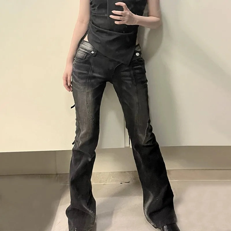 Womens Vintage Distressed Black Flare Jeans