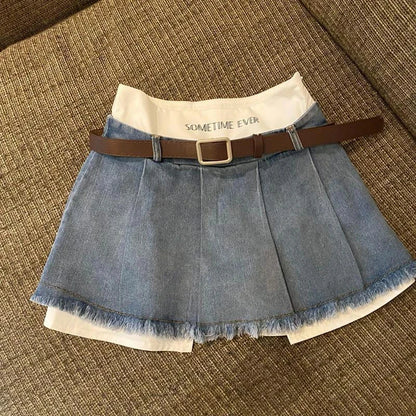 High-Waisted Denim Mini Skirt for Women with Tassel Pleats