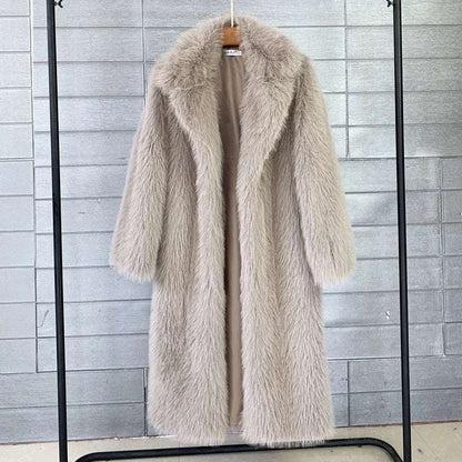 Warm Long Faux Fur Overcoat for Women with Turn Down Collar