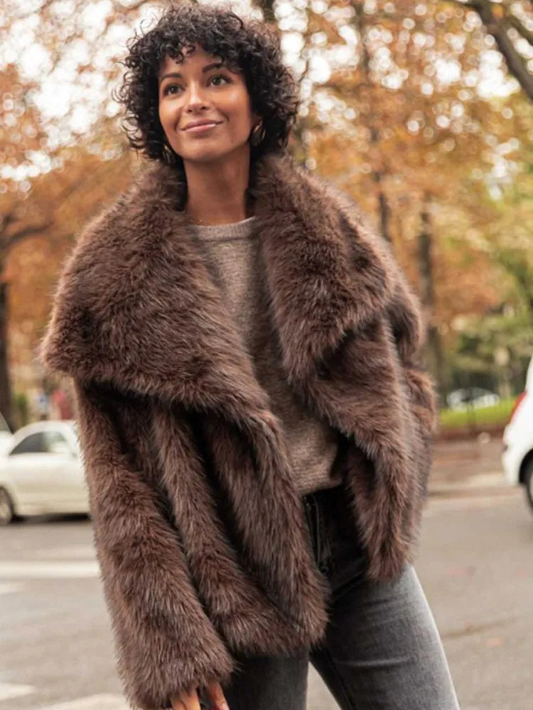 Women's Long Plush Faux Fur Coat with Lapel