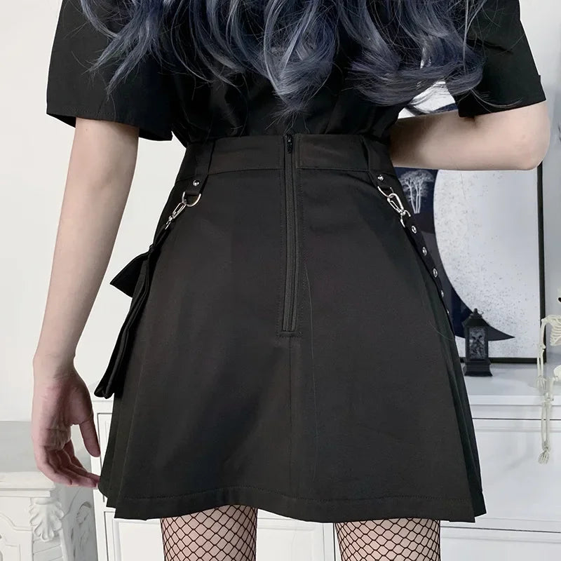 High Waist Black Mini Skirt for Women - Patchwork Bandage Design