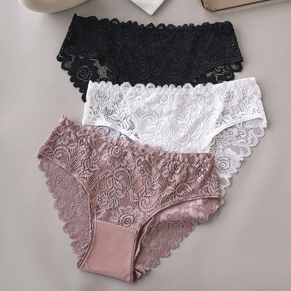 3-Piece Luxury Floral Lace Embroidery Briefs Set for Women - Sensual Hollow Lingerie & Breathable Underwear