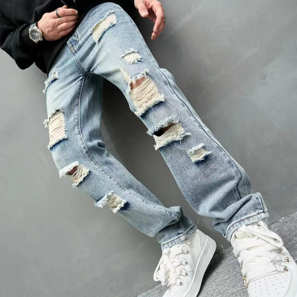 Men's Ripped Straight Jeans - Stylish Casual Denim Streetwear