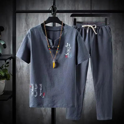 Men's Cotton-Linen Two-Piece T-Shirt and Jogger Pants Set