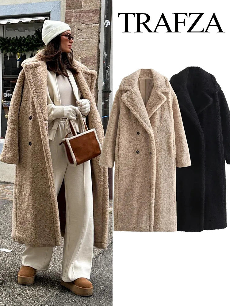 TRAFZA Women's Vintage Wool Blend Long Coat Lapel