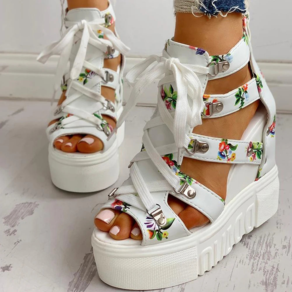 Womens Wedge Sandals - High Heel Platform Shoes with Laces