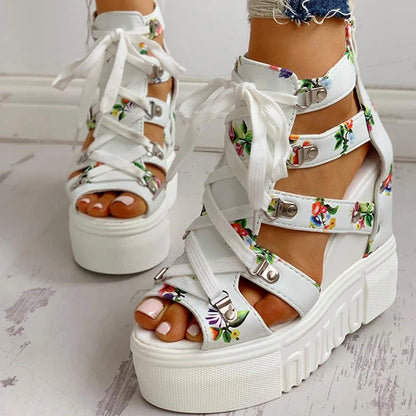 Womens Wedge Sandals - High Heel Platform Shoes with Laces