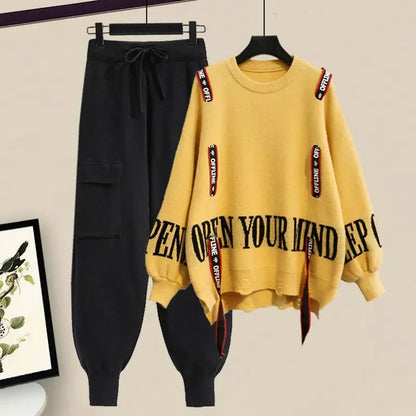 Women's Elegant Two-Piece Tracksuit: Ribbon Knitting Sweater and Pants Set