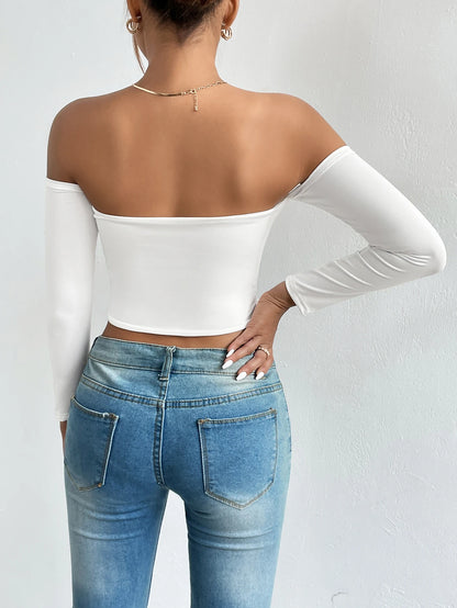 Women's Casual Long Sleeve Off-Shoulder Crop Top - Various Colors