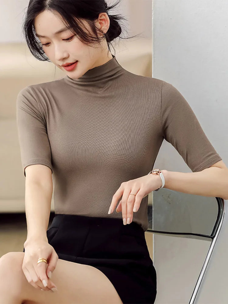 Slim-Fit Women's Cotton Turtleneck - Short Sleeve