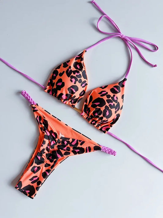 Leopard Print Micro Bikinis for Women with Braided Rope Design