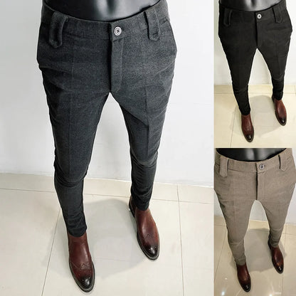 Men's Casual Slim Fit Thickened Woollen Straight Trousers - Various Colors