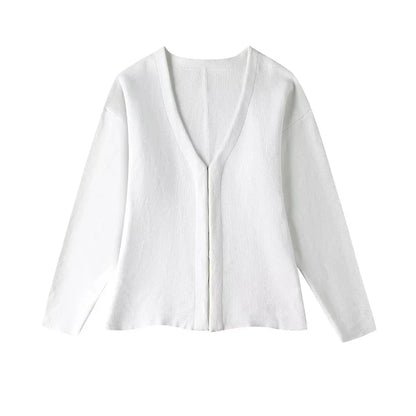 Women's V-Neck Fitted Knit Cardigan with Front Hook, Long Sleeves, and Side Split Hem