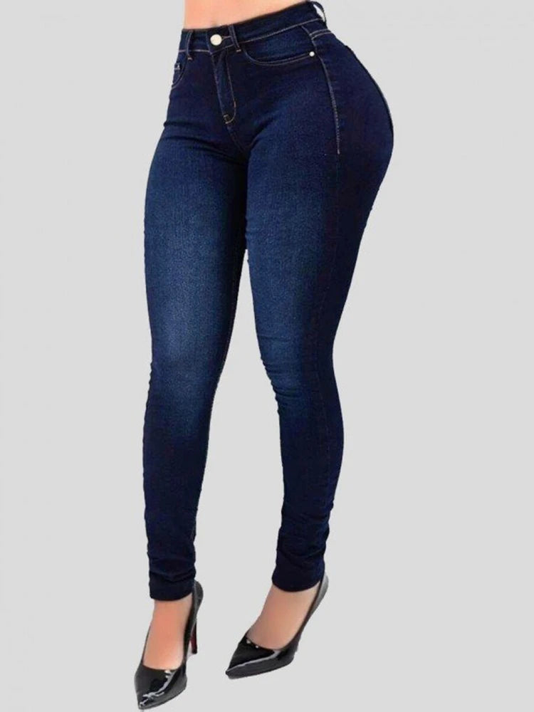 Women's High-Waisted Denim Jeans - Long Narrow Straight Leg with Hip Wrap Detail