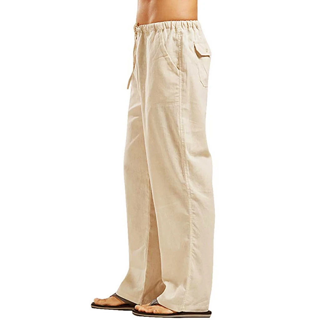 Men's Casual Loose-Fit Cotton Linen Pants with Elastic Waist - Various Colors