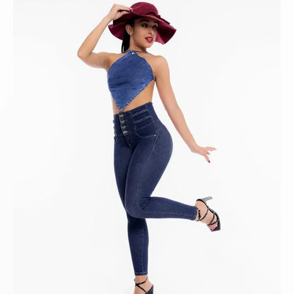 High-Waisted Women's Stretch Denim Pants -  Slim Fit, Trendy Vintage Style