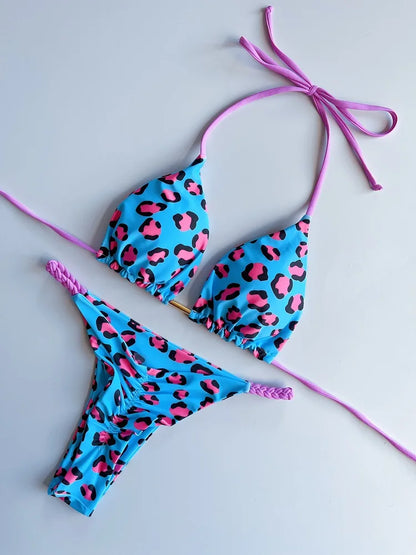 Leopard Print Brazilian Bikini with Braided Rope for Women