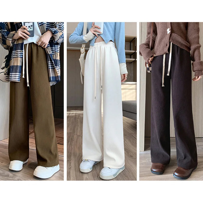 Women's Wide-Leg Long Pants with Drawstring Elastic Waist