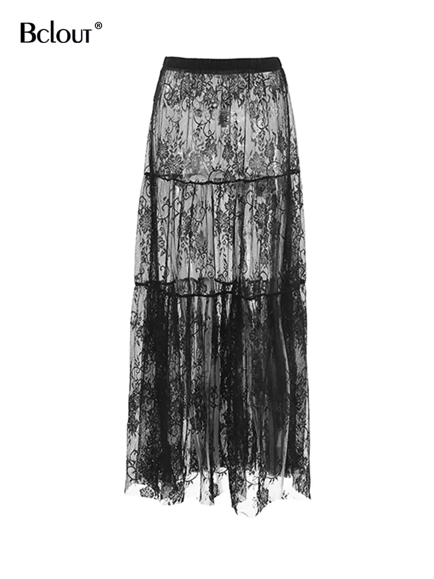 Chic Long Transparent Black Lace Skirt for Women