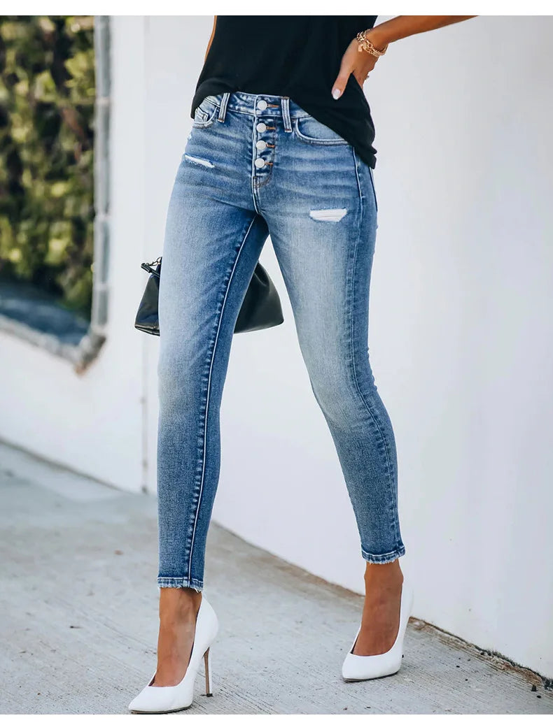 Women's High Stretch Slim Fit Ripped Mid Waist Denim Jeans