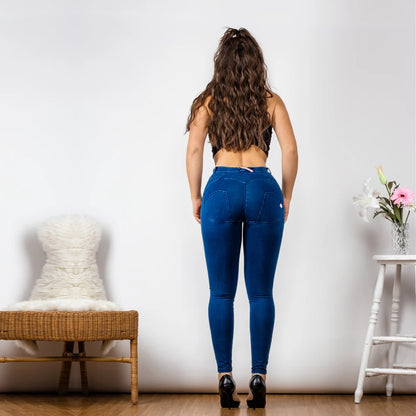 Mid Rise Super Stretch Straight Leg Jeans - in Dark Blue