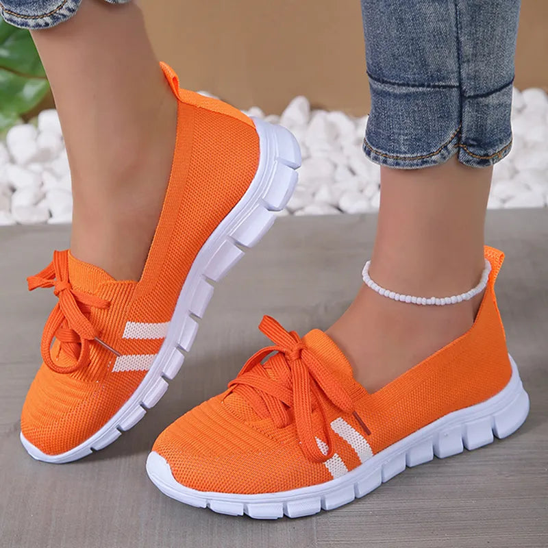 Women's Striped Lace-Up Trainers - Breathable Sneakers with Soft Sole