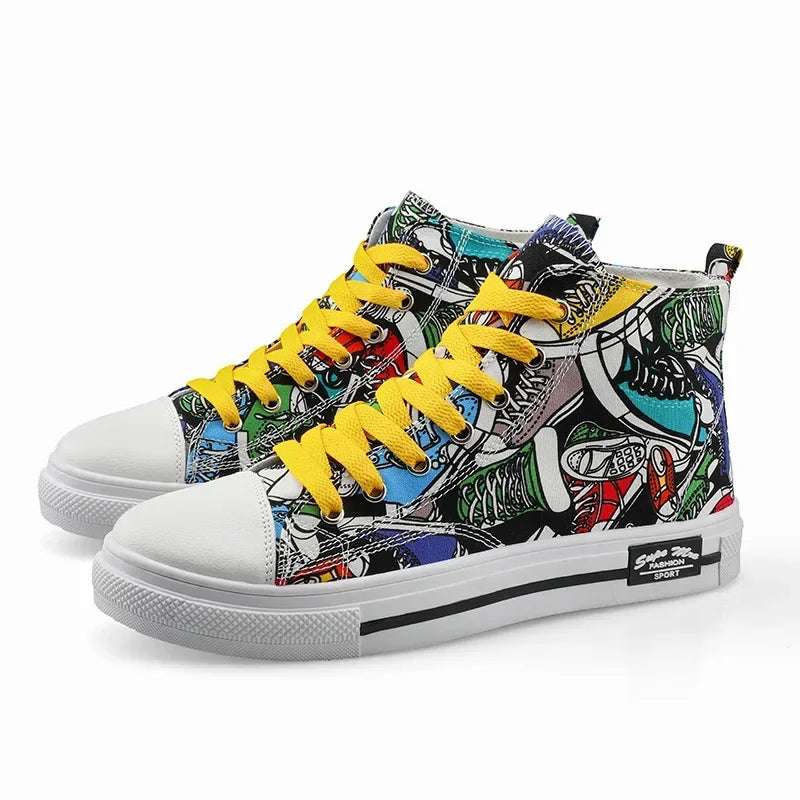 Graffiti-Designed High-Top Lace-Up Sneakers for Men