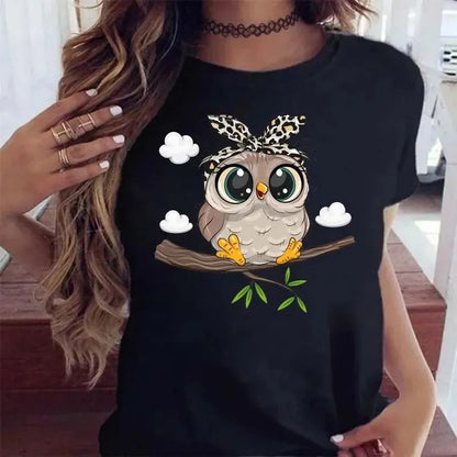 Owl Printed Graphic Tee for Women - Casual Short Sleeve Kawaii T-Shirt