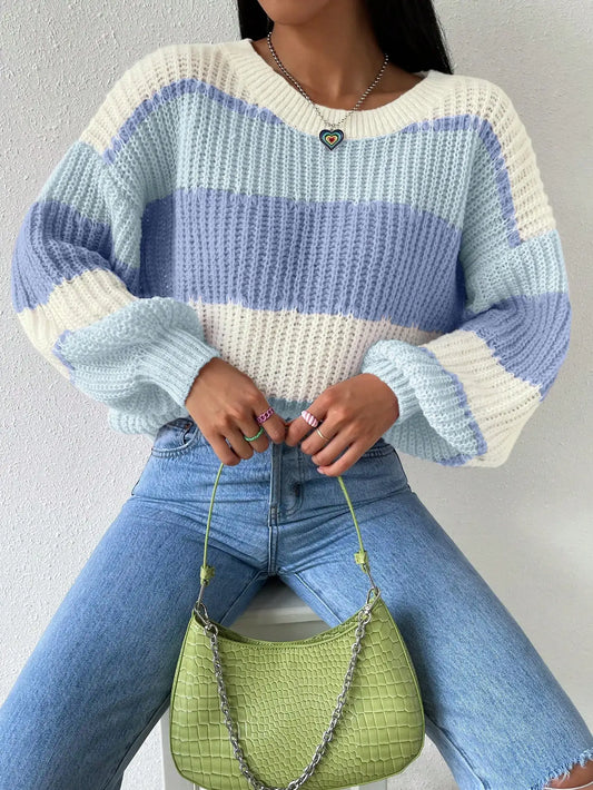 Women's Multicolor Layered Ribbed Knit Sweater in Blue