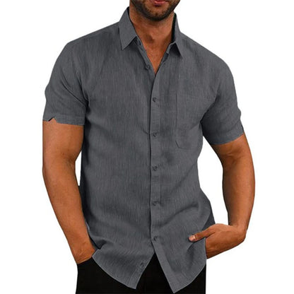 Casual Men's Short-Sleeved Cotton Linen Shirt with Turn-down Collar