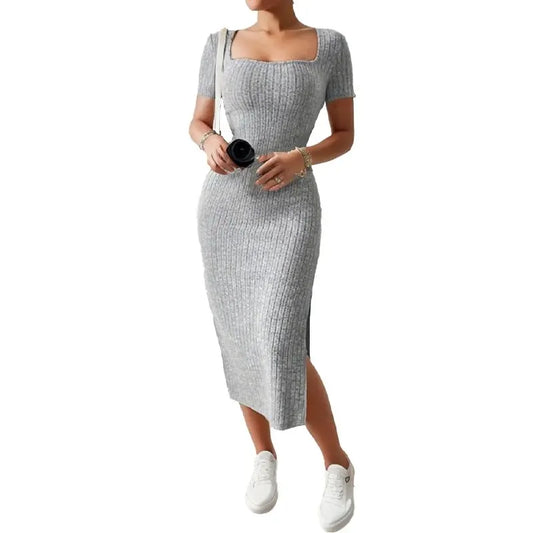 Mid-Length Knitted Dress with Short Sleeves and Slit Detail