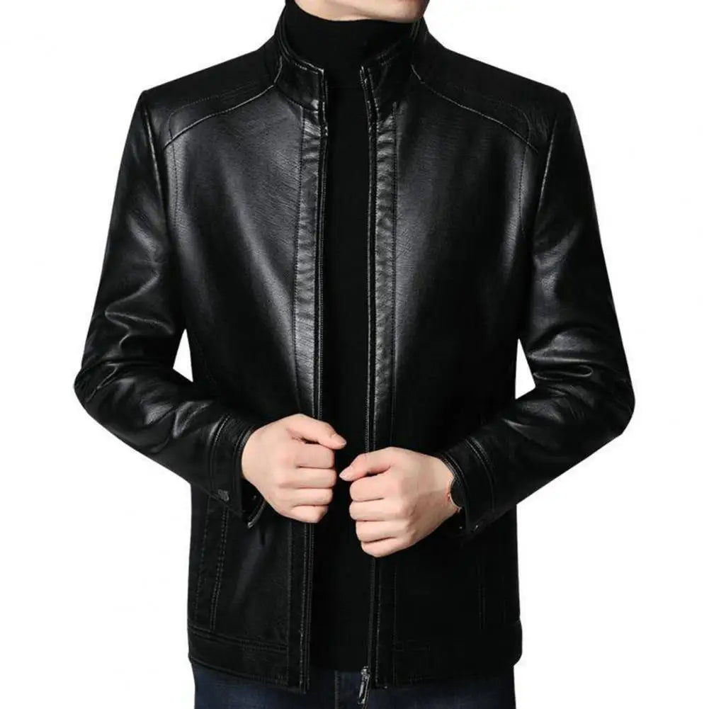 Men's Faux Leather Jacket with Stand Collar and Thick Warm Lining