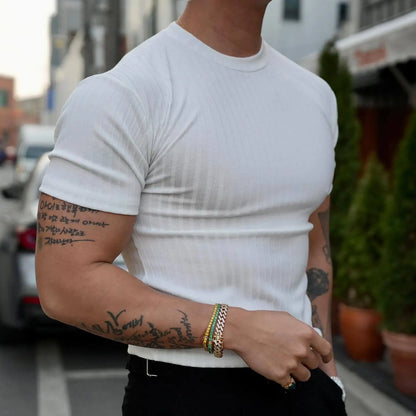 Men's Muscle Fit Vertical Stripe Short Sleeve T-Shirt with Round Neck Elastic Design