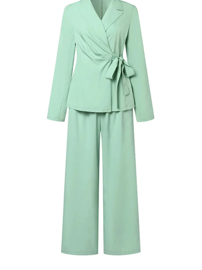 2-Piece Women's Office Matching Set - Long Sleeve Lapel Blouse and Wide Leg Pants Outfit