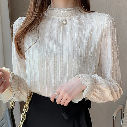 Women's Long Sleeve Lace Chiffon Blouse with Stand Collar